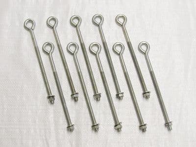 x10 M6 X 150MM Zinc Plated Folded Straining Eyebolts Nut & Washer - Wire Support Fencing Straining