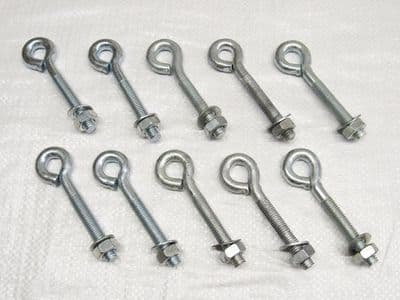 x10 M8 X 100MM Zinc Plated Folded Straining Eyebolts Nut & Washer - Wire Support Fencing Straining