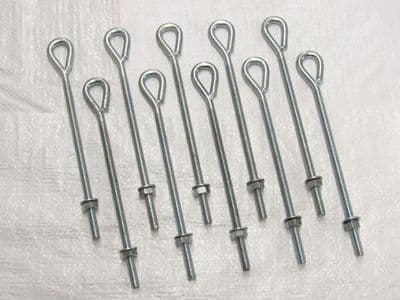 x10 M8 x 200MM Zinc Plated Welded Eyebolts - Nut & Washer Straining Chain Link Fencing