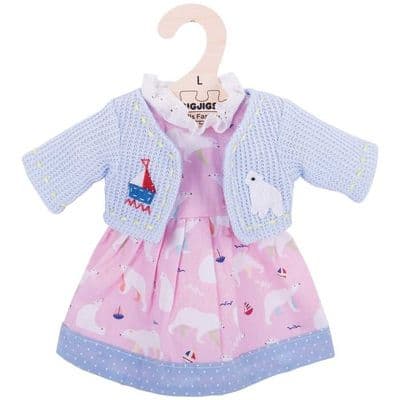 Blue and pink dress and cardigan, approx 32cm doll
