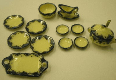 Cream and blue porcelain dolls house dinner set. 15 pieces.