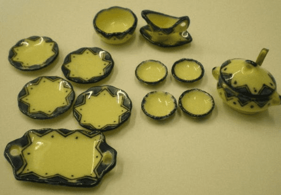 Cream and blue porcelain dolls house dinner set. 15 pieces.