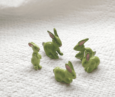 Minnie Maria  Family of green rabbits. Handmade Pewter Miniatures