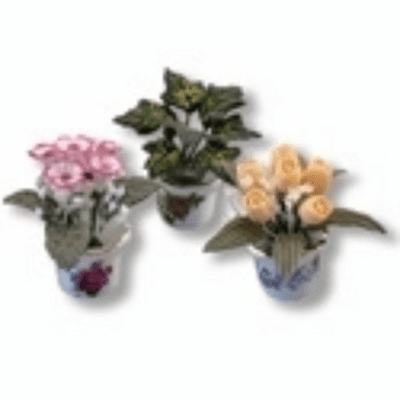 Reutter, Miniature Set of Three Flower Pots and Flowers. 1.458/8
