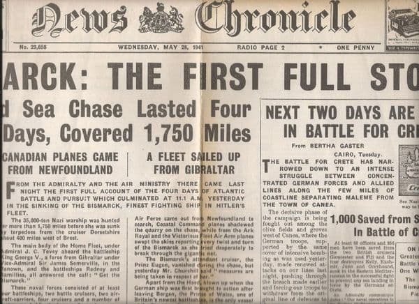 Bismarck Sinking - reproduction newspaper