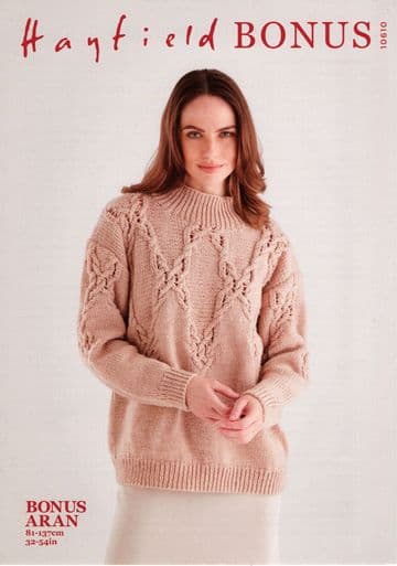 Hayfield Bonus Aran - 10610 Ladies Sweater Knitting Pattern