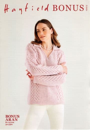 Hayfield Bonus Aran - 10612 Ladies Sweater Knitting Pattern