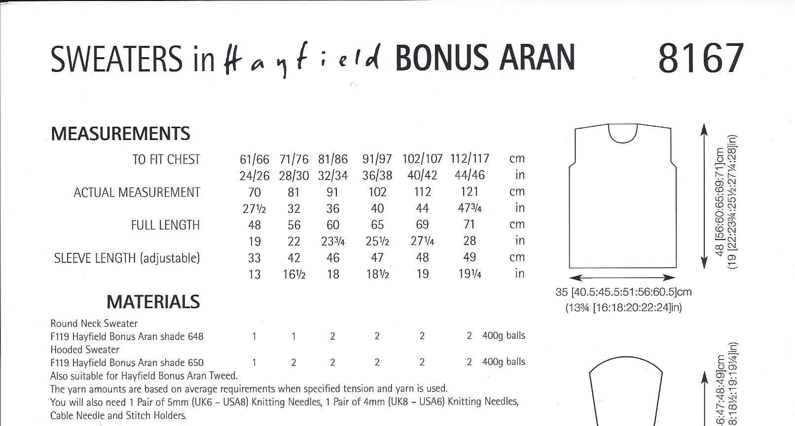 Hayfield Bonus Aran - 8167 Sweater Knitting Pattern