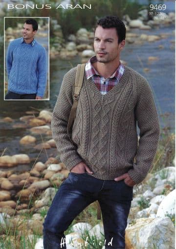 Hayfield Bonus Aran - 9469 Mens Sweaters Knitting Pattern (2 Designs)