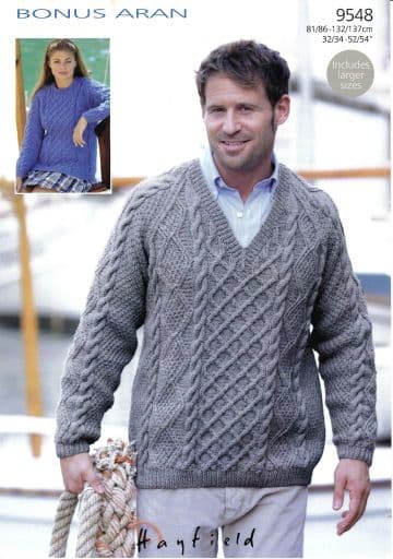 Hayfield Bonus Aran - 9548 Unisex Sweaters (2 Designs) Knitting Pattern