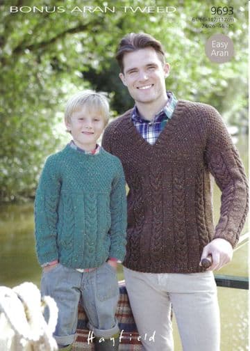 Hayfield Bonus Aran - 9693 Men's and Boys Sweaters Knitting Pattern (2 Designs)