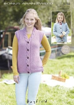 Hayfield Bonus Aran Tweed - 9788 Cardigan & Waistcoat Knitting Pattern