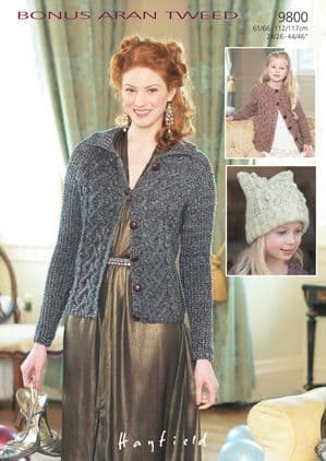 Hayfield Bonus Aran Tweed - 9800 Cardigans & Hat Knitting Pattern