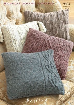 Hayfield Bonus Aran Tweed - 9804 Cushions Knitting Pattern