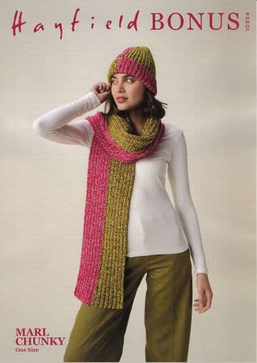 Hayfield Bonus Chunky Knitting Pattern - 10954 Ladies Hat & Scarf Set