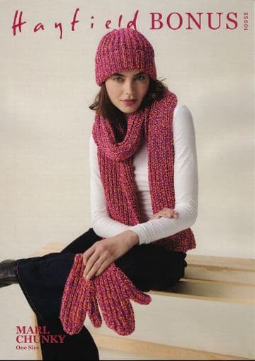 Hayfield Bonus Chunky Knitting Pattern - 10955 Lades Hat, Scarf & Mitts Set