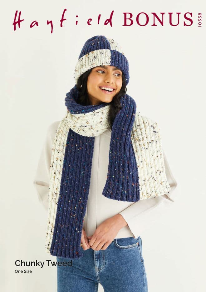 Hayfield Bonus Chunky Tweed Knitting Pattern - 10338 Hat & Scarf