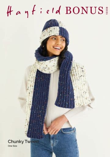 Hayfield Bonus Chunky Tweed Knitting Pattern - 10338 Hat & Scarf