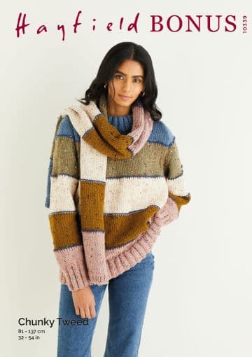 Hayfield Bonus Chunky Tweed Knitting Pattern - 10339 Sweater & Scarf