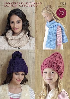 Hayfield Bonus Super Chunky Knitting Pattern - 7725 Hats, Snood & Scarf