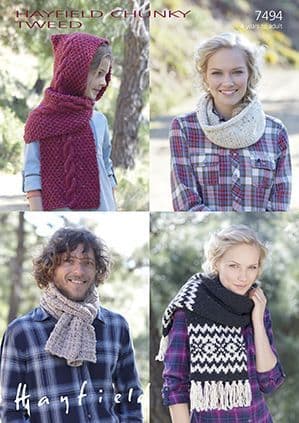 Hayfield Chunky Tweed Knitting Pattern - 7494 Scarves & Snood