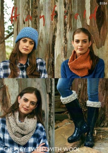 Hayfield Chunky Tweed Knitting Pattern - 8184 Hat, Snoods & Boot Toppers
