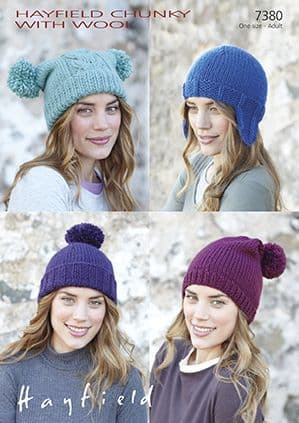 Hayfield Chunky with Wool - 7380 Hats Knitting Pattern