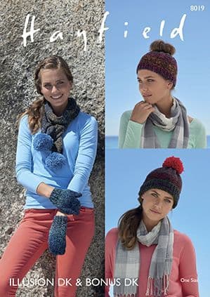 Hayfield Illusion DK - 8019 Hats, Scarf & Mittens Knitting Pattern