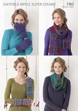Hayfield Ripple Super Chunky - 7363 Snood, Wrist Warmers, Scarf & Mittens Knitting Pattern