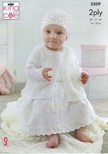 King Cole 2 Ply Knitting Pattern - 5509 Matinee Jacket, Shawl & Hat