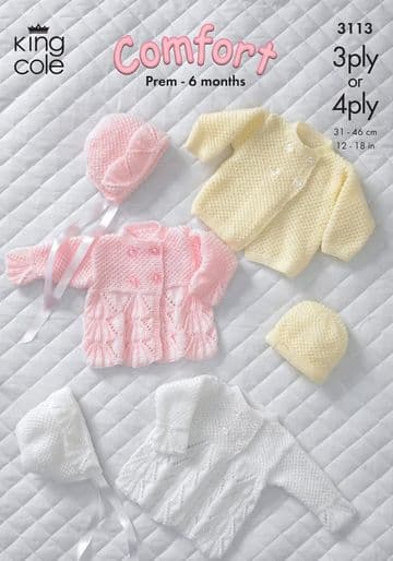 King Cole 3 ply & 4 ply Knitting Pattern - 3113 Jacket, Coat, Bonnet & Hat