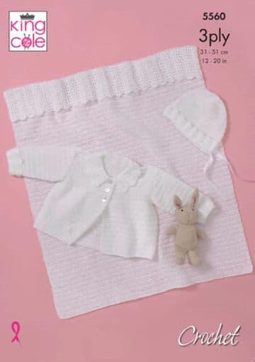 King Cole 3 Ply Crochet Pattern - 5560 Jacket, Bonnet & Blanket