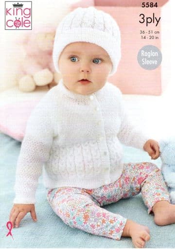 King Cole 3 ply Knitting Pattern - 5584 Cardigan & Hat