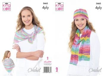 King Cole 4 Ply Crochet Pattern - 5663 Scarf, Hat &Triangular Wrap