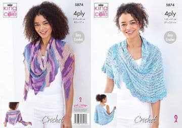 King Cole 4 Ply Crochet Pattern - 5874 Crochet Shawls