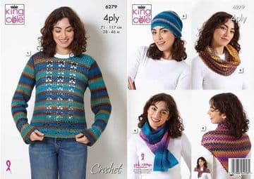 King Cole 4 Ply Crochet Pattern - 6279 Sweater & Accessories (5 Designs)