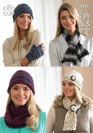 King Cole 4 Ply, DK & Aran Knitting Pattern - 3443 Lady's Hats, Scarves, Cowl & Fingerless Gloves