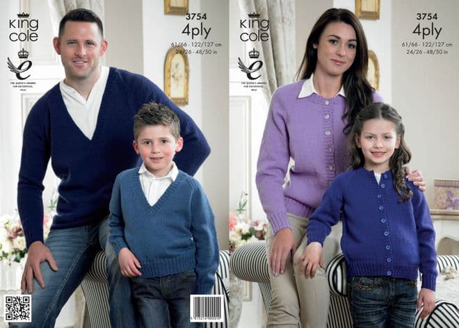 King Cole 4 Ply Knitting Pattern - 3754 Family Sweaters & Cardigans