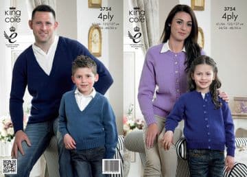 King Cole 4 Ply Knitting Pattern - 3754 Family Sweaters & Cardigans