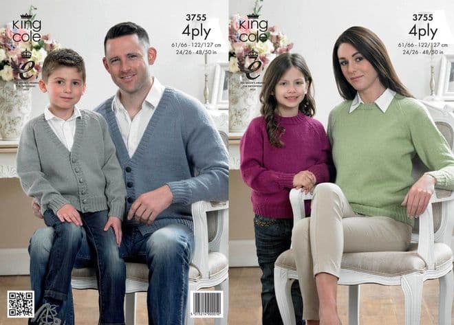 King Cole 4 Ply Knitting Pattern - 3755 Cardigan & Sweater