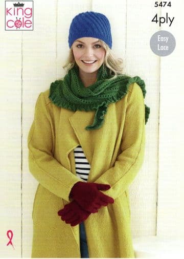 King Cole 4 ply Knitting Pattern - 5474 Hat, Gloves & Wrap