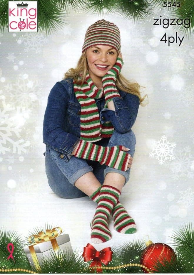 King Cole 4 Ply Knitting Pattern - 5545 Hat, Scarf, Fingerless Gloves & Socks