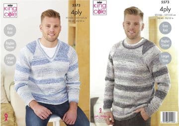 King Cole 4 Ply Knitting Pattern - 5573 Men's Sweaters (2 Designs)