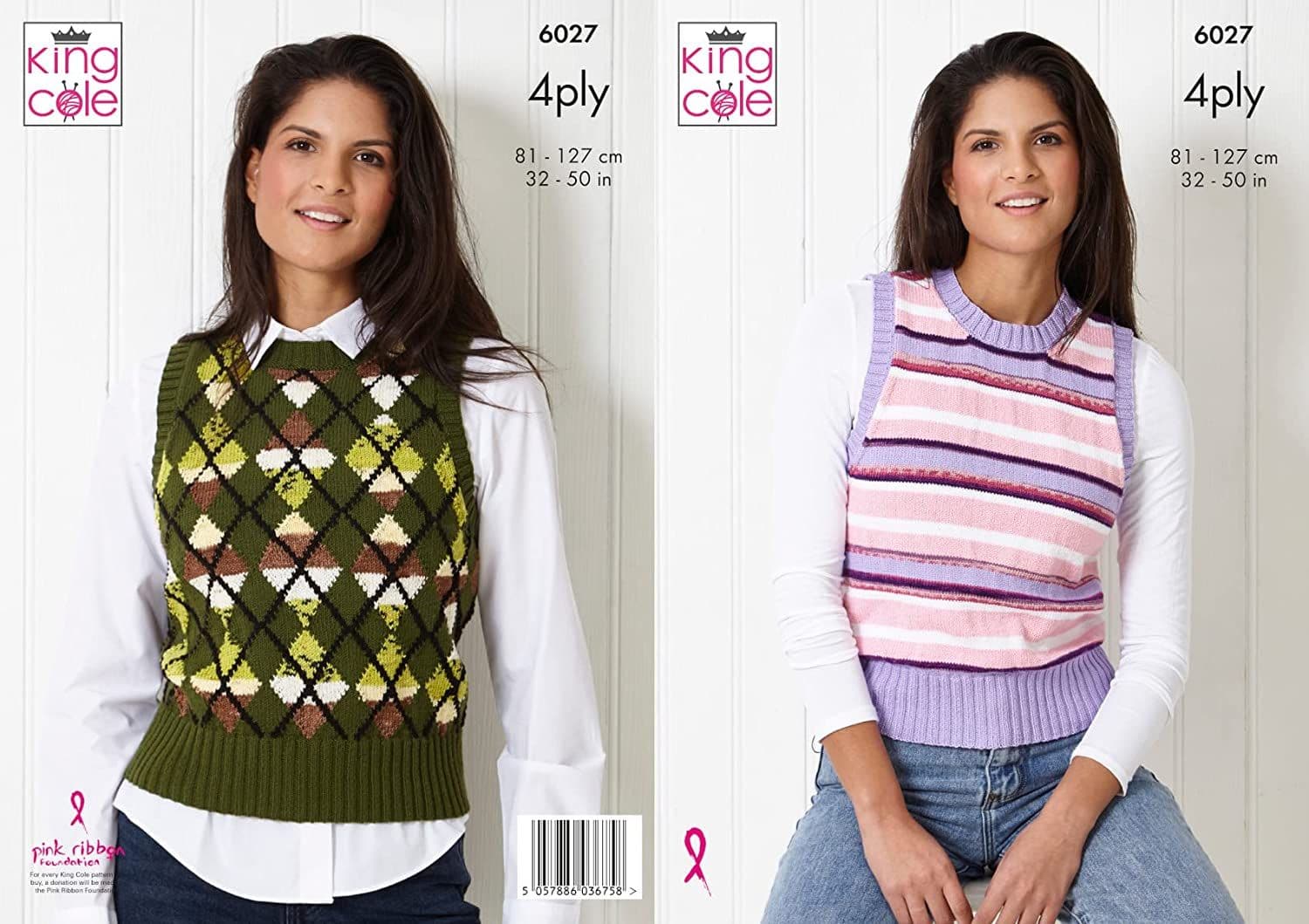 King Cole 4 Ply Knitting Pattern 6027 Slipovers