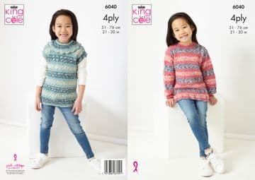 King Cole 4 Ply Knitting Pattern - 6040 Children's Sweater & Pullover