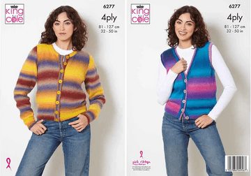 King Cole 4 Ply Knitting Pattern - 6277 Ladies Cardigan & Waistcoat (2 Designs)