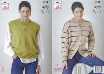 King Cole 4 Ply Knitting Pattern - 6294 Ladies Cardigan & Tunic Top