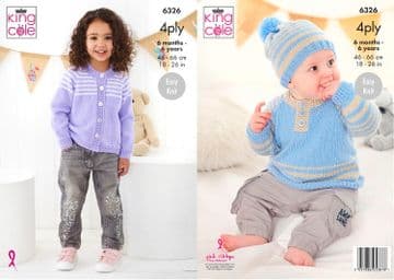 King Cole 4 Ply Knitting Pattern - 6326 Childrens Cardigan, Sweater & Hat