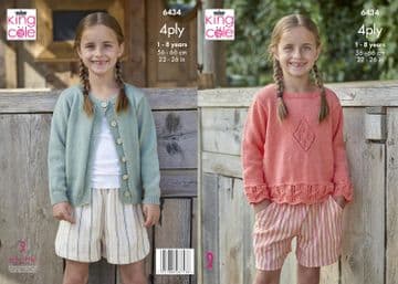 King Cole 4 ply Knitting Pattern - 6434 Girls Cardigan & Sweater (2 designs)