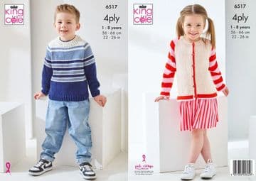 King Cole 4 ply Knitting Pattern - 6517 Children's Sweater & Cardigan (2 Designs)